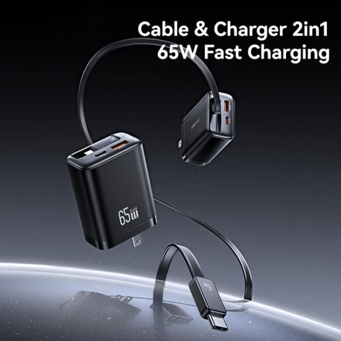 USAMS CC300 65W Fast Charger With Retractable USB-C / Type-C Cable, US Plug - Image 2