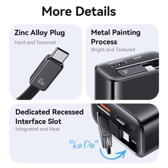 USAMS CC300 65W Fast Charger With Retractable USB-C / Type-C Cable, US Plug - Image 9