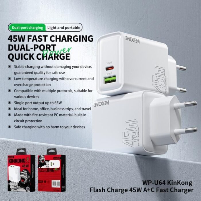 WK WP-U64 45W Kinkong Flash Charge USB+Type-C Port Fast Charger, EU Plug, UK Plug, US Plug - Image 4